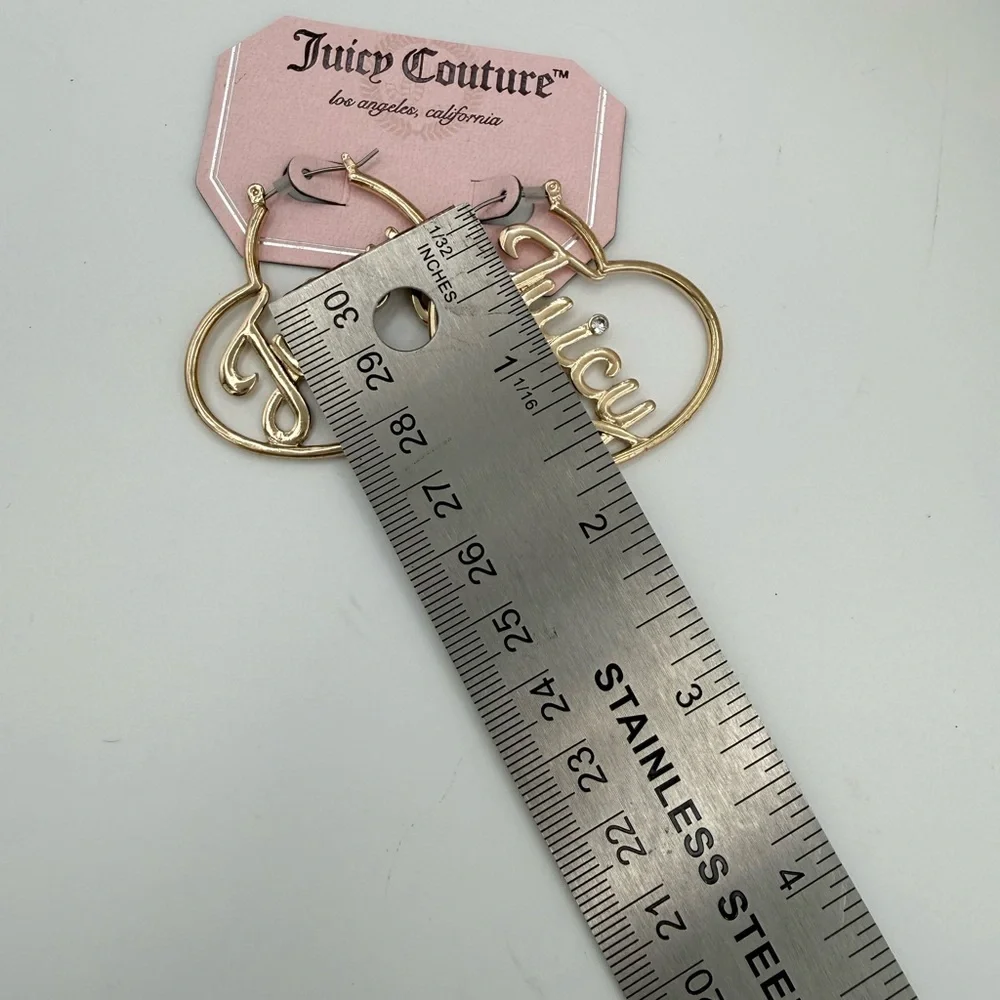 Juicy Couture‎ Gold Heart Hoop Earrings “Juicy” Script Rhinestone NWT Y2K
